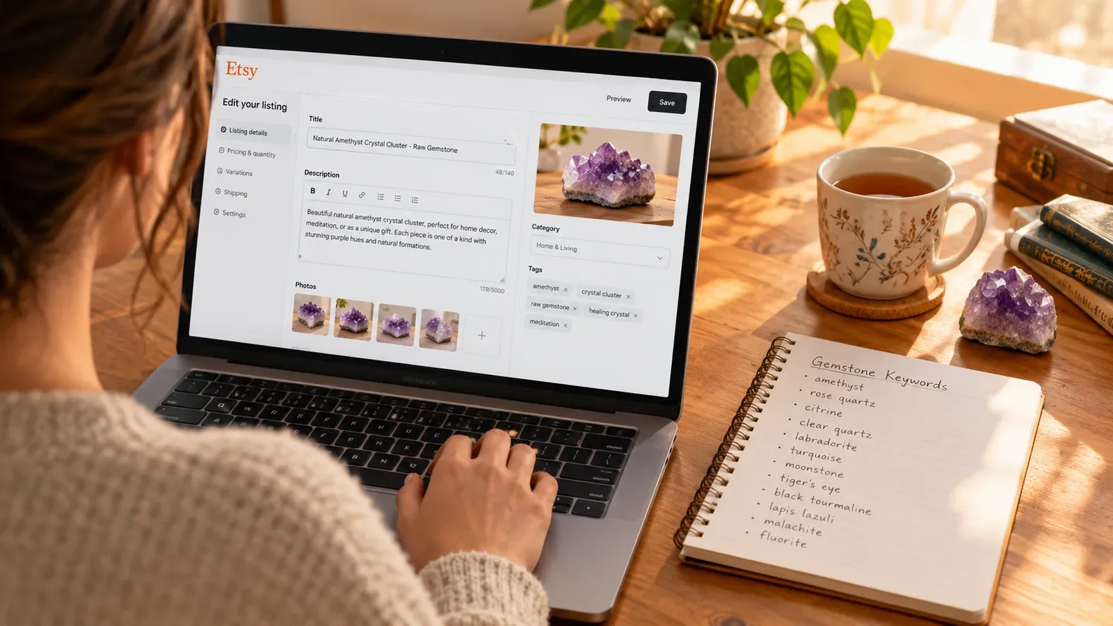 Etsy seller optimizing gemstone listings on laptop