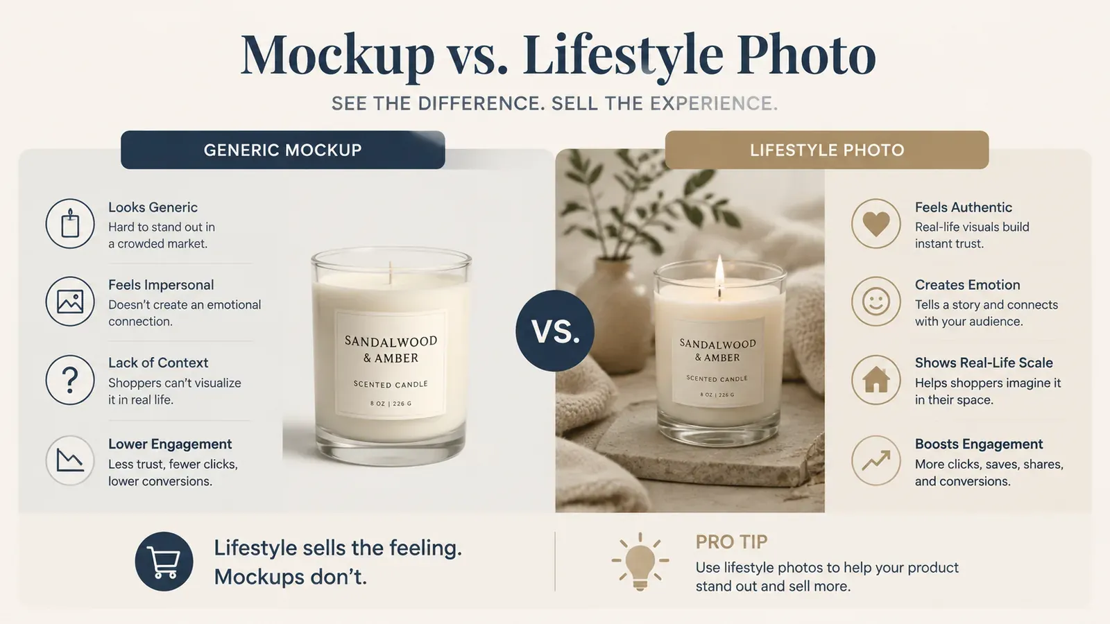 Comparison between generic mockup and lifestyle product photo