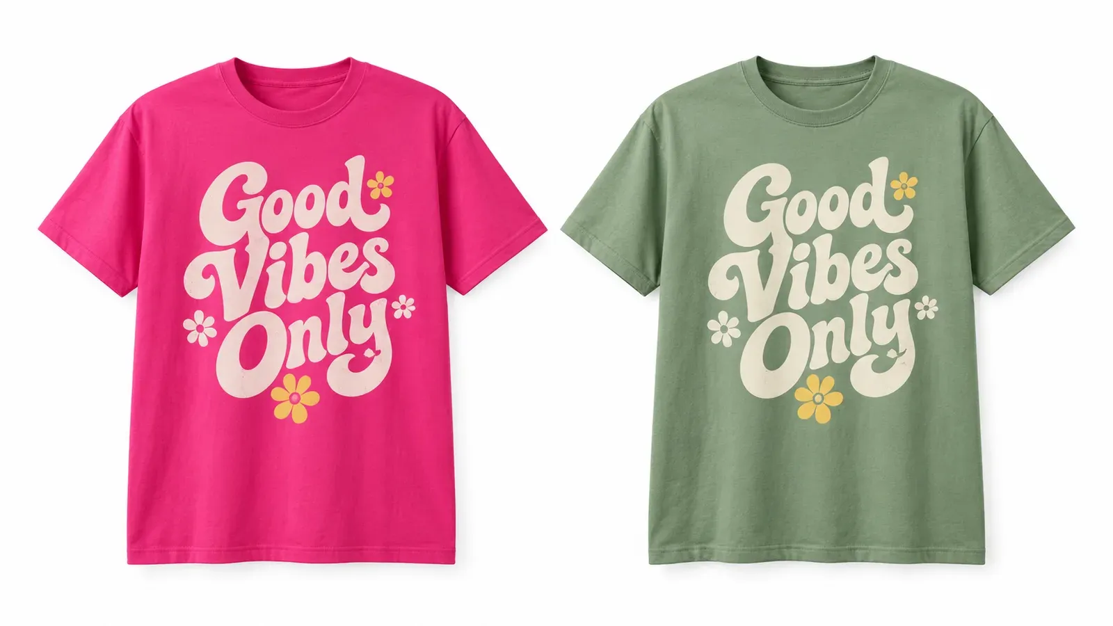Vibrant pink t-shirt next to a muted sage green t-shirt with same design