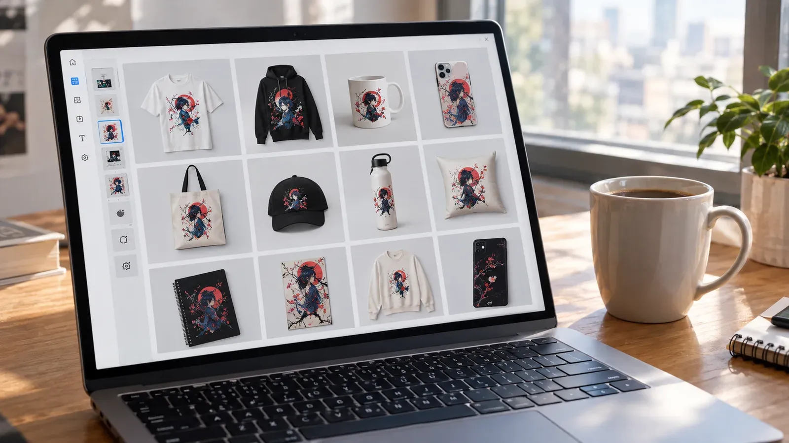 Print on demand product mockups being generated on a laptop screen