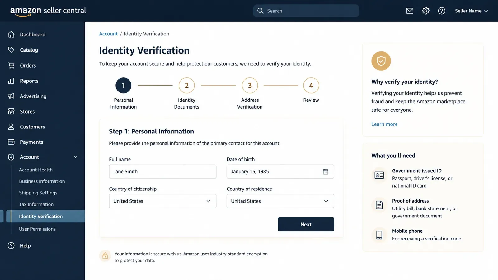 Amazon Seller Central dashboard during identity verification step