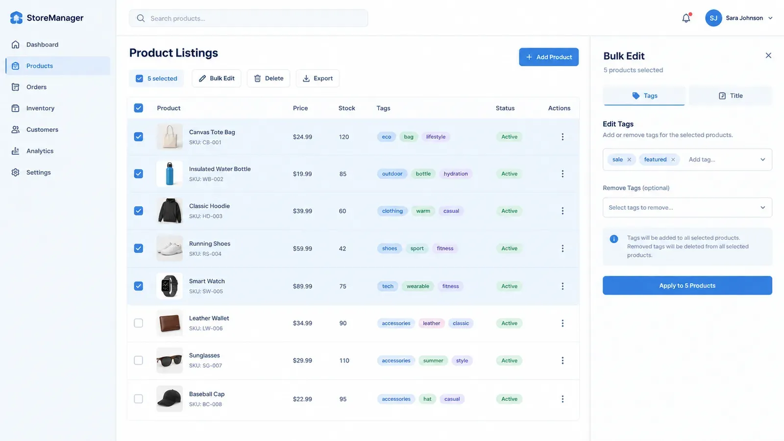 Dashboard interface showing a bulk editing tool for Etsy listings with multiple items selected