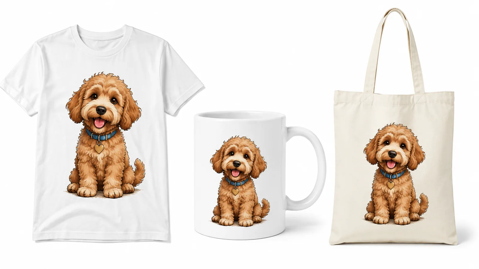 Print on demand products with same design on t-shirt mug and tote bag