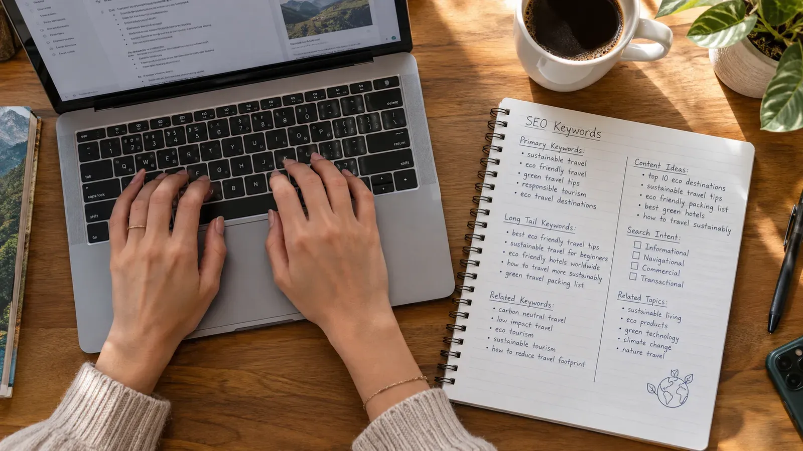 A close up of an Etsy seller working on a laptop with a notebook showing tag and keyword research