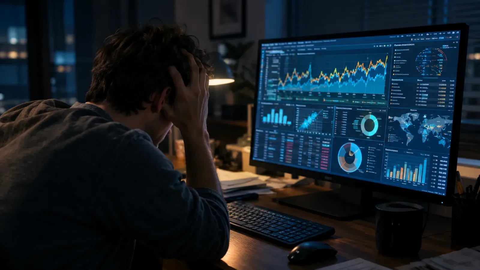 A stressed person looking at a complex dashboard with many charts and graphs, looking overwhelmed
