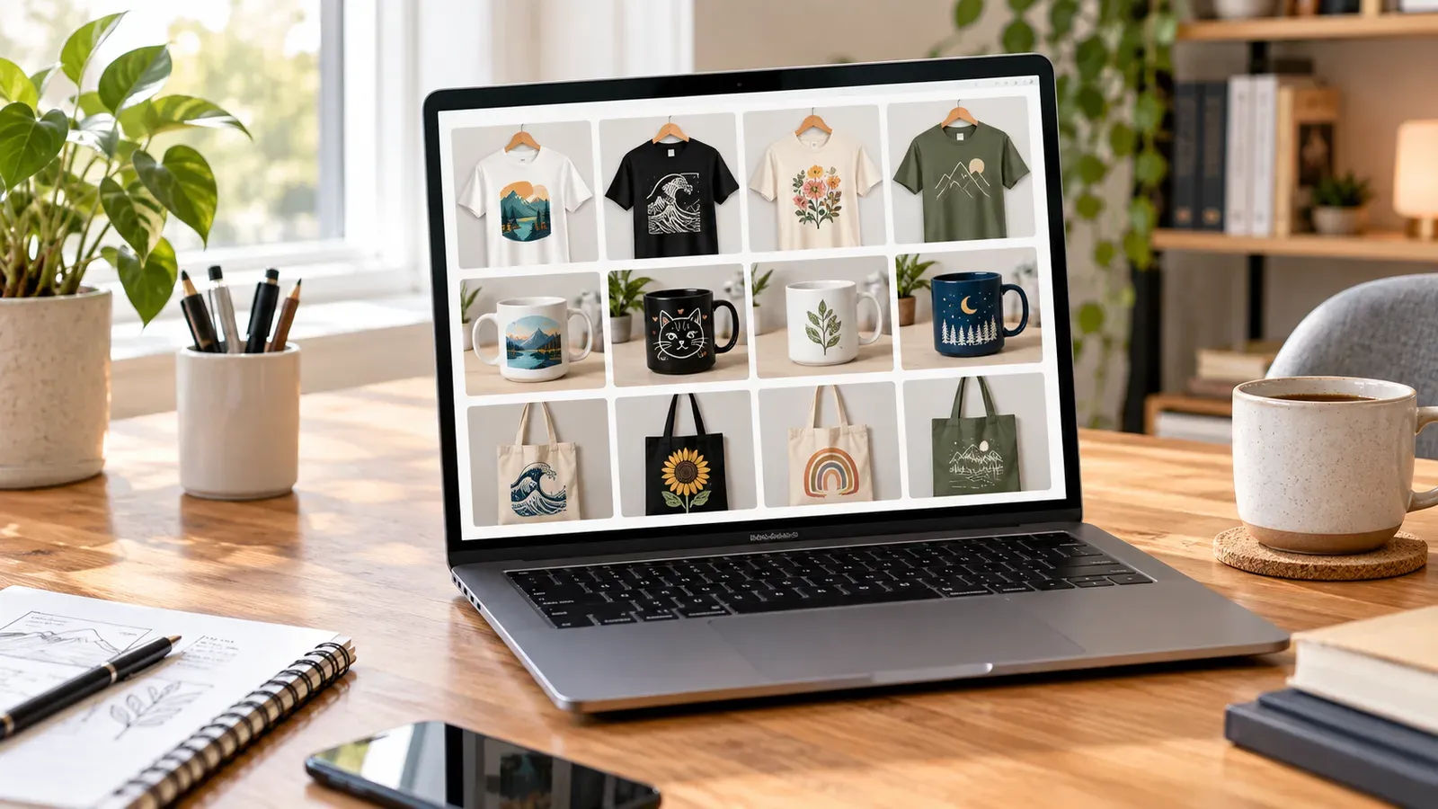 Print on demand product mockups displayed on a screen