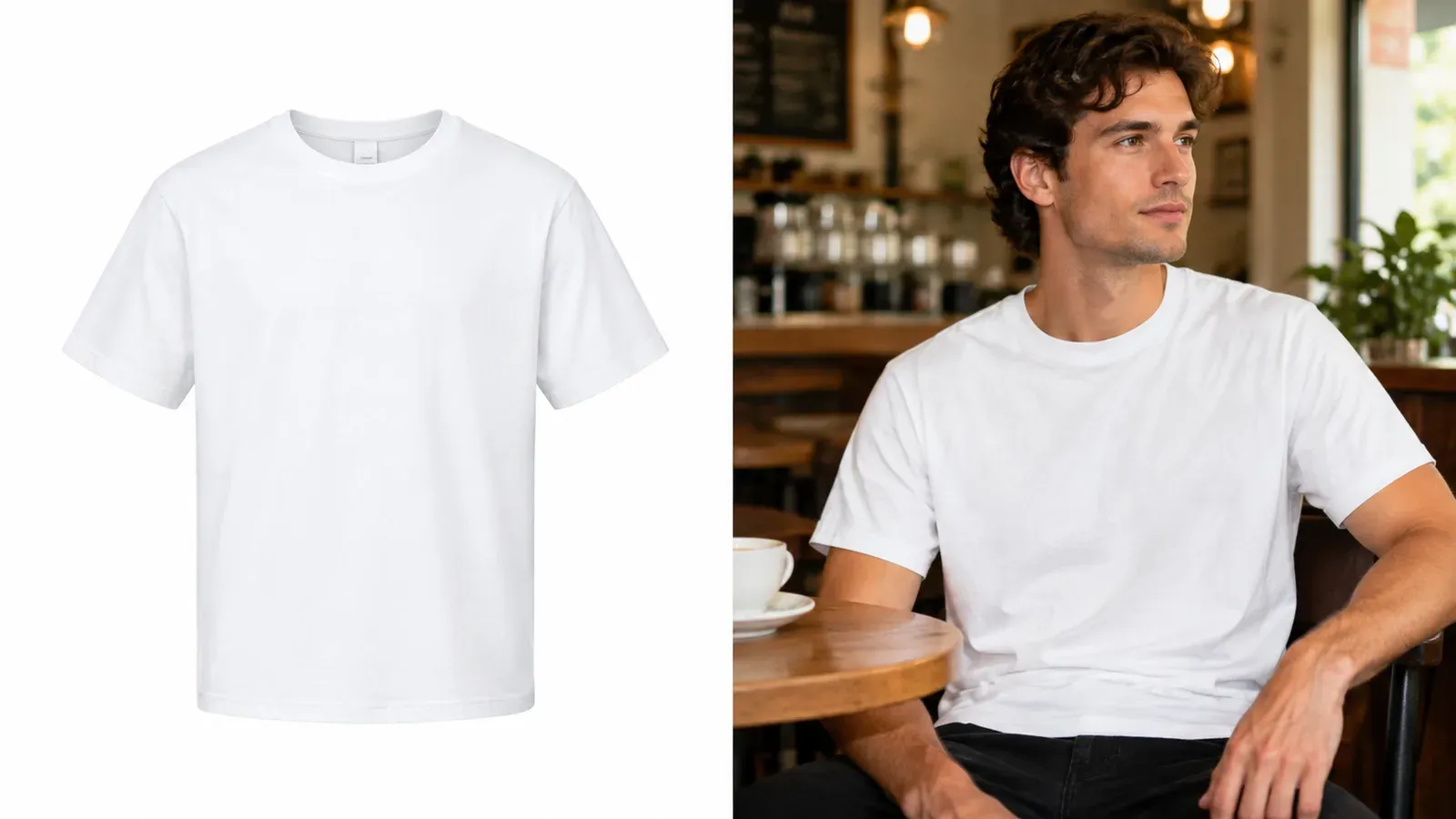 Comparison of a flat t-shirt mockup versus a lifestyle mockup on a model in a real setting