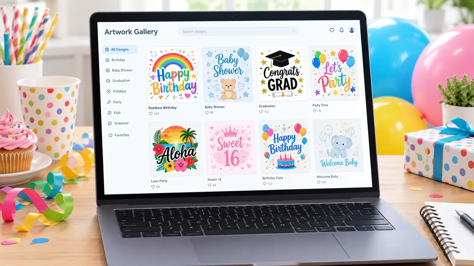 Screenshot of Listybox Artwork Gallery showing party designs