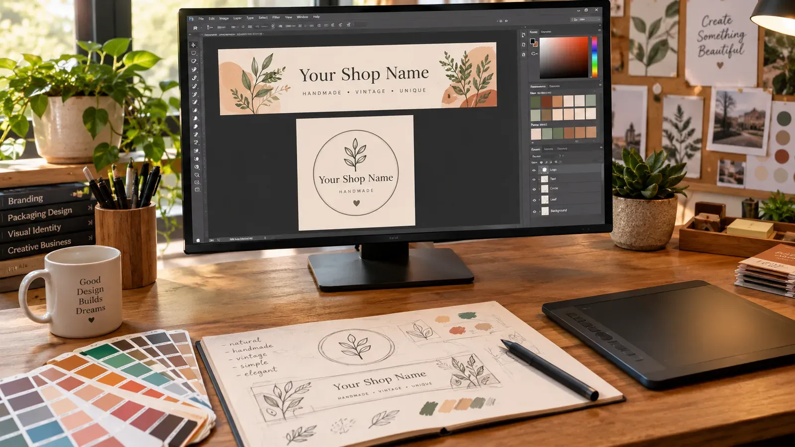 Graphic design workspace with Etsy banner and logo templates on screen