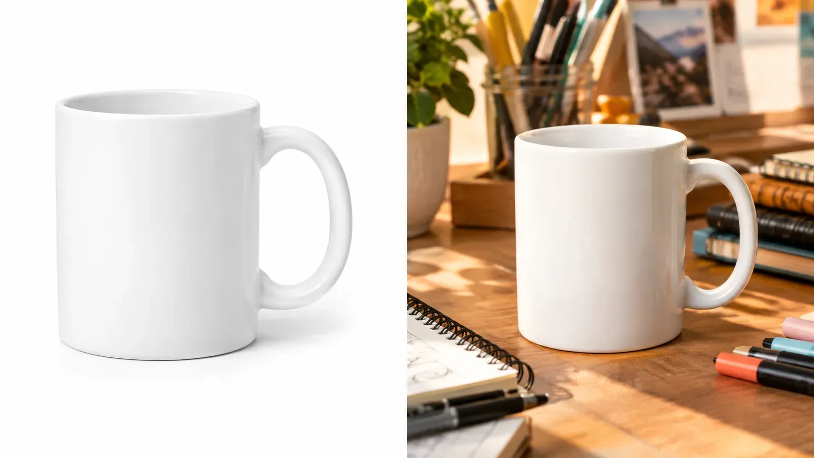 Side by side comparison of plain product photo vs lifestyle mockup on a desk