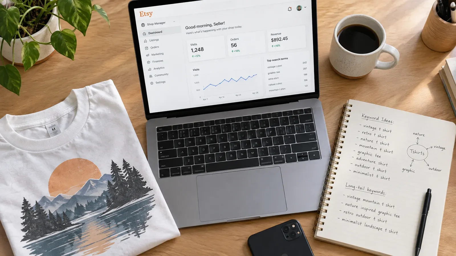 Etsy seller desk with planner and product mockups