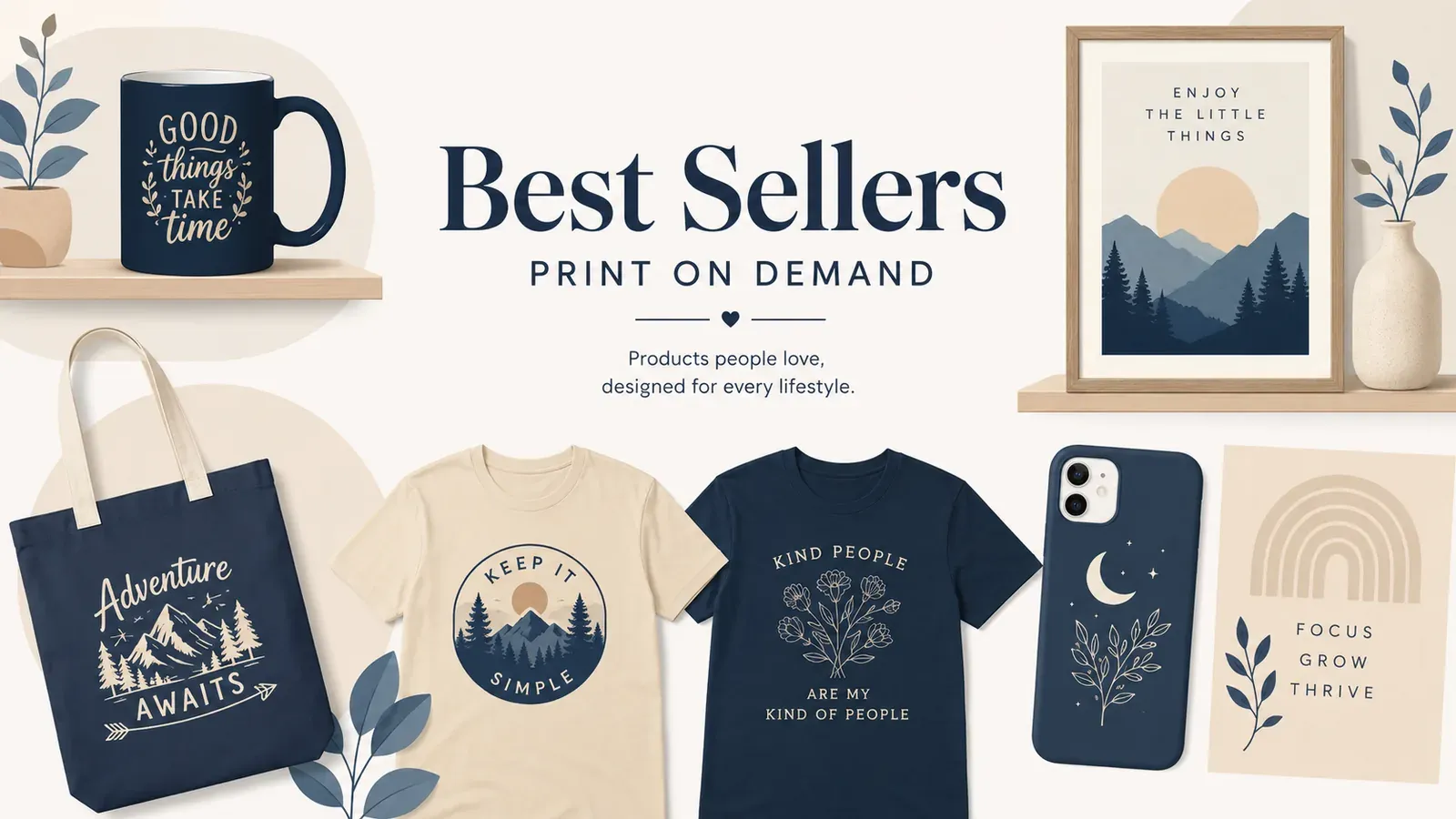 Collage of print on demand best sellers mugs shirts wall art totes phone cases