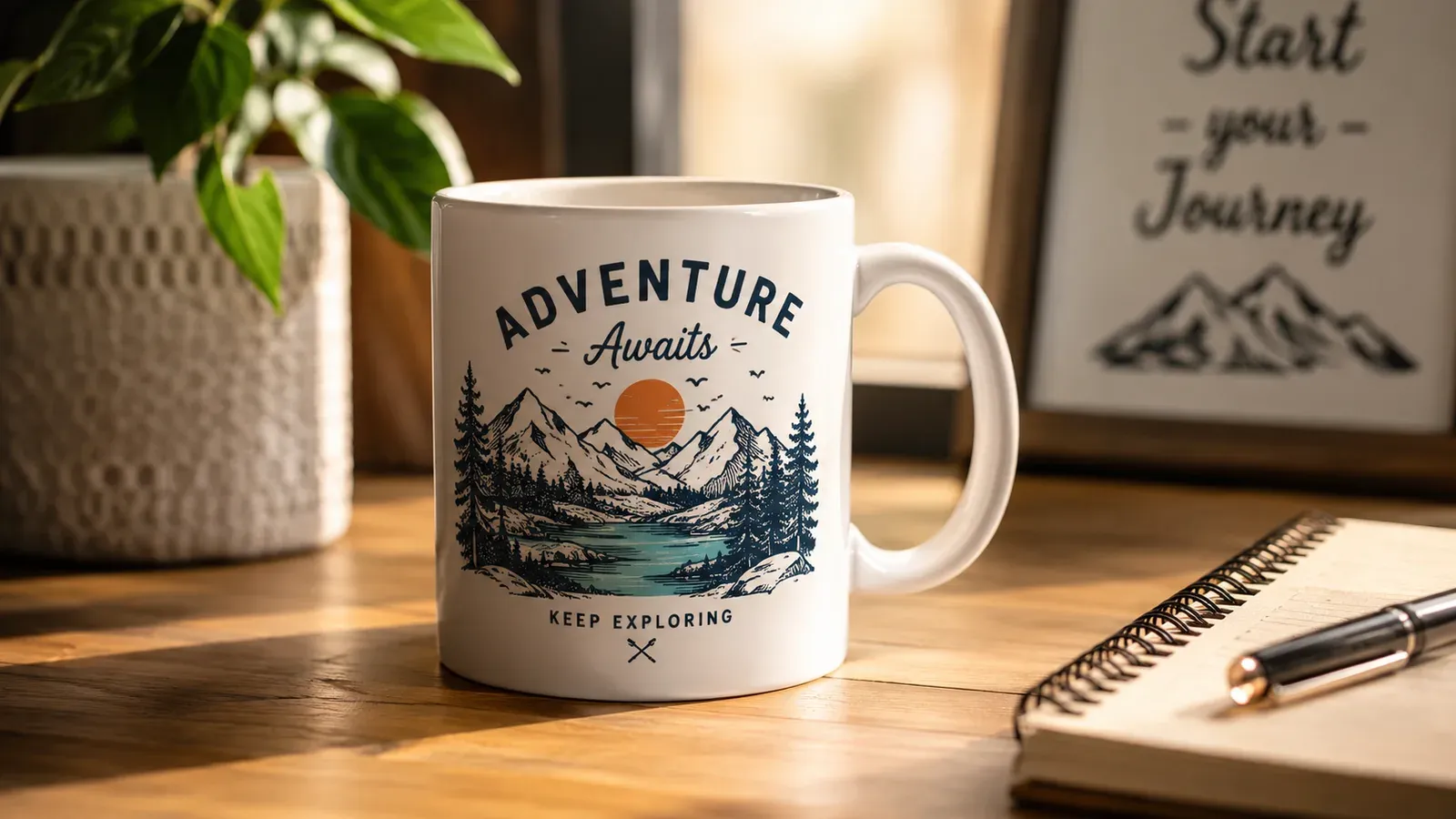 lifestyle product mockup of a mug on a desk