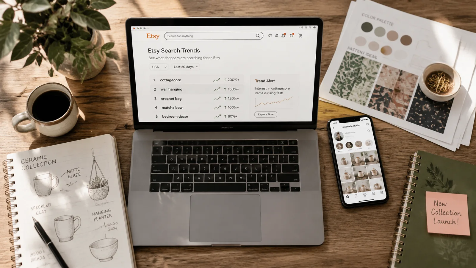 Etsy seller researching trending products with laptop and phone
