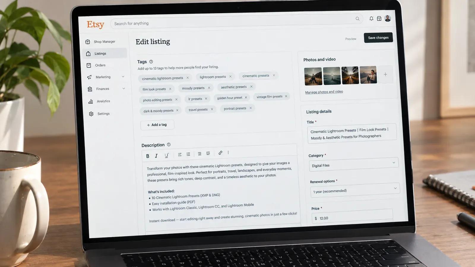 Etsy listing editor showing title, tags, and description fields for a digital product