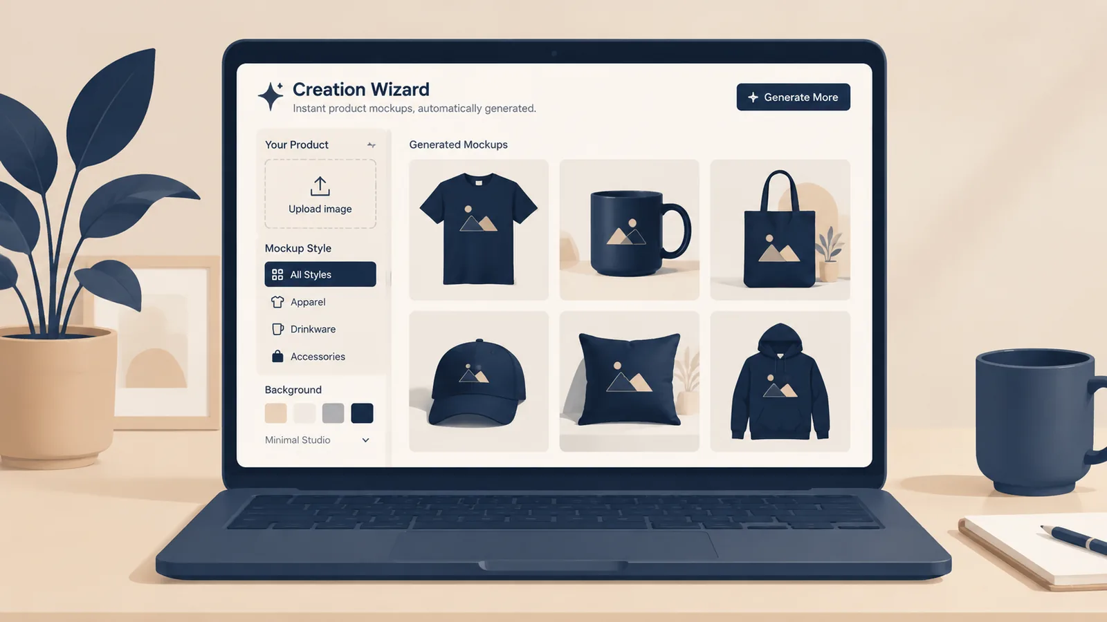 Product mockups automatically generated by Creation Wizard on laptop screen