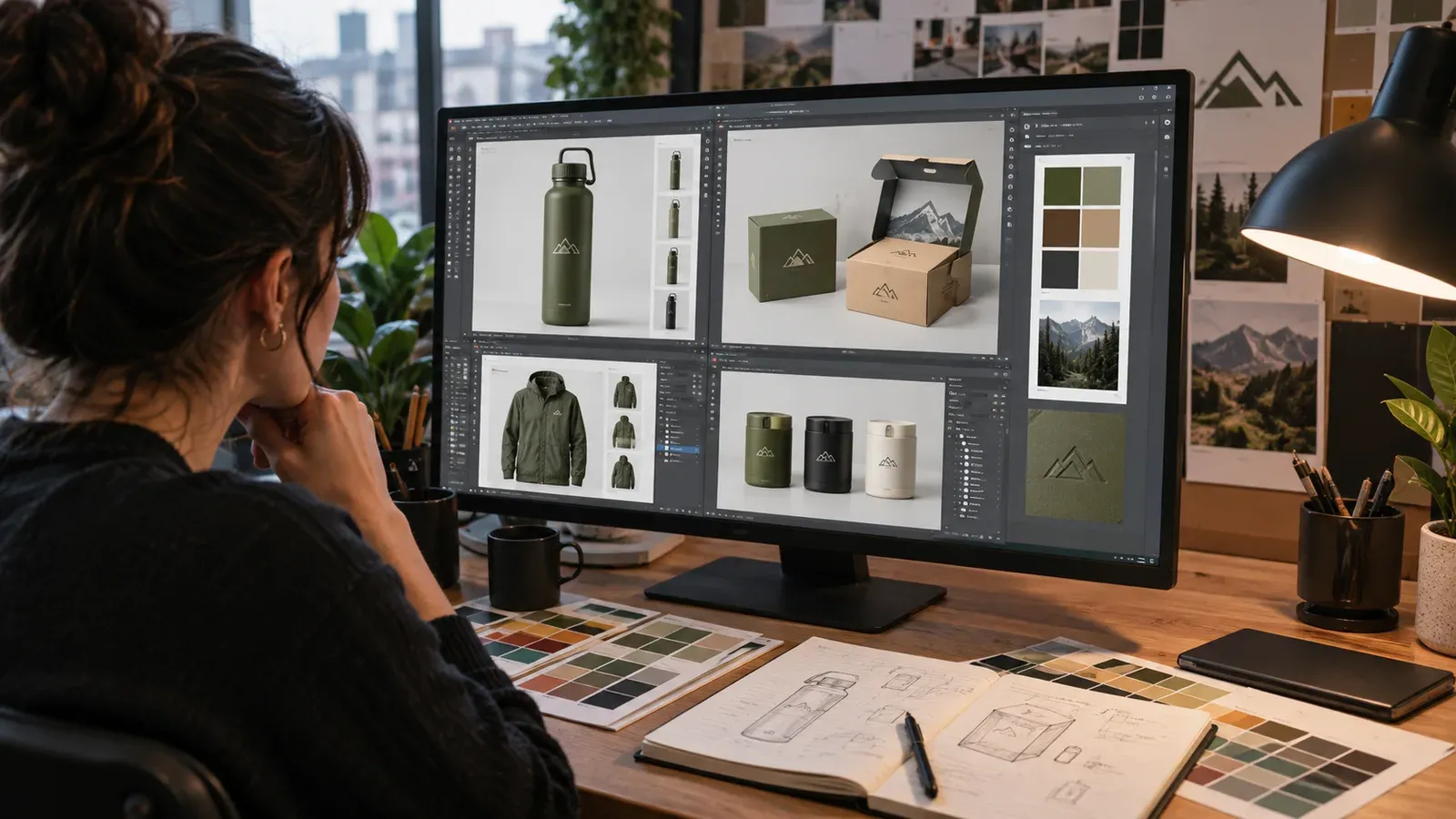 Designer working on multiple mockups for different products