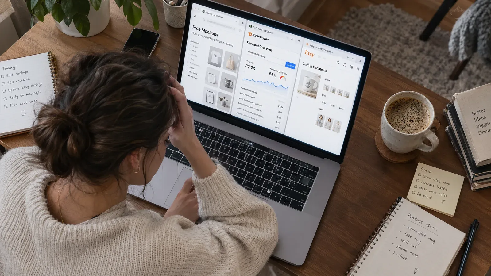 Busy Etsy seller juggling multiple tabs: mockup tool, keyword research, variation settings, product configurator