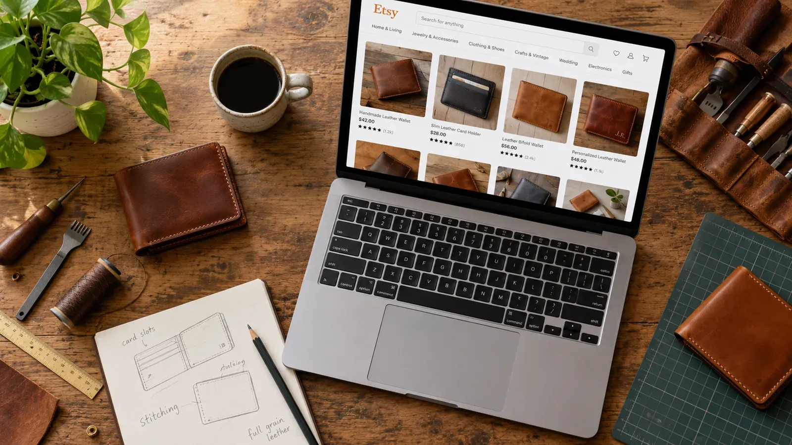 Etsy seller working on laptop with leather goods nearby