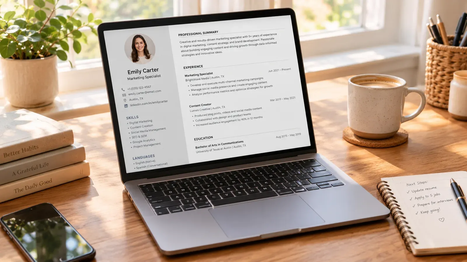 Lifestyle mockup of a resume template displayed on a laptop screen on a wooden desk