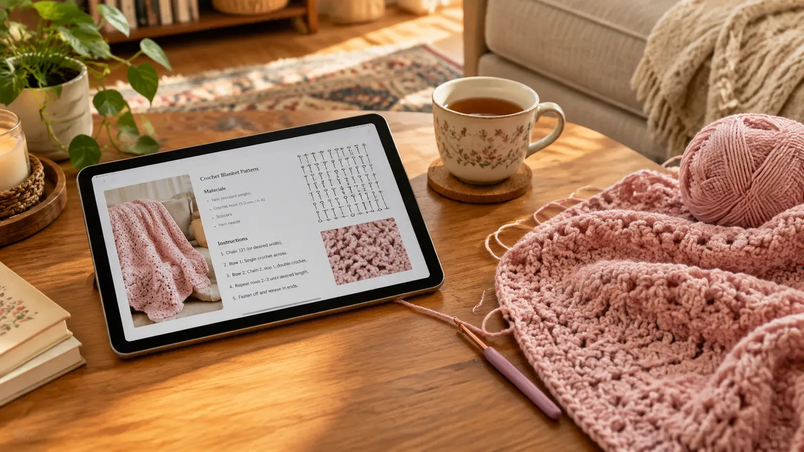 Tablet displaying crochet pattern with a half-finished blanket and yarn
