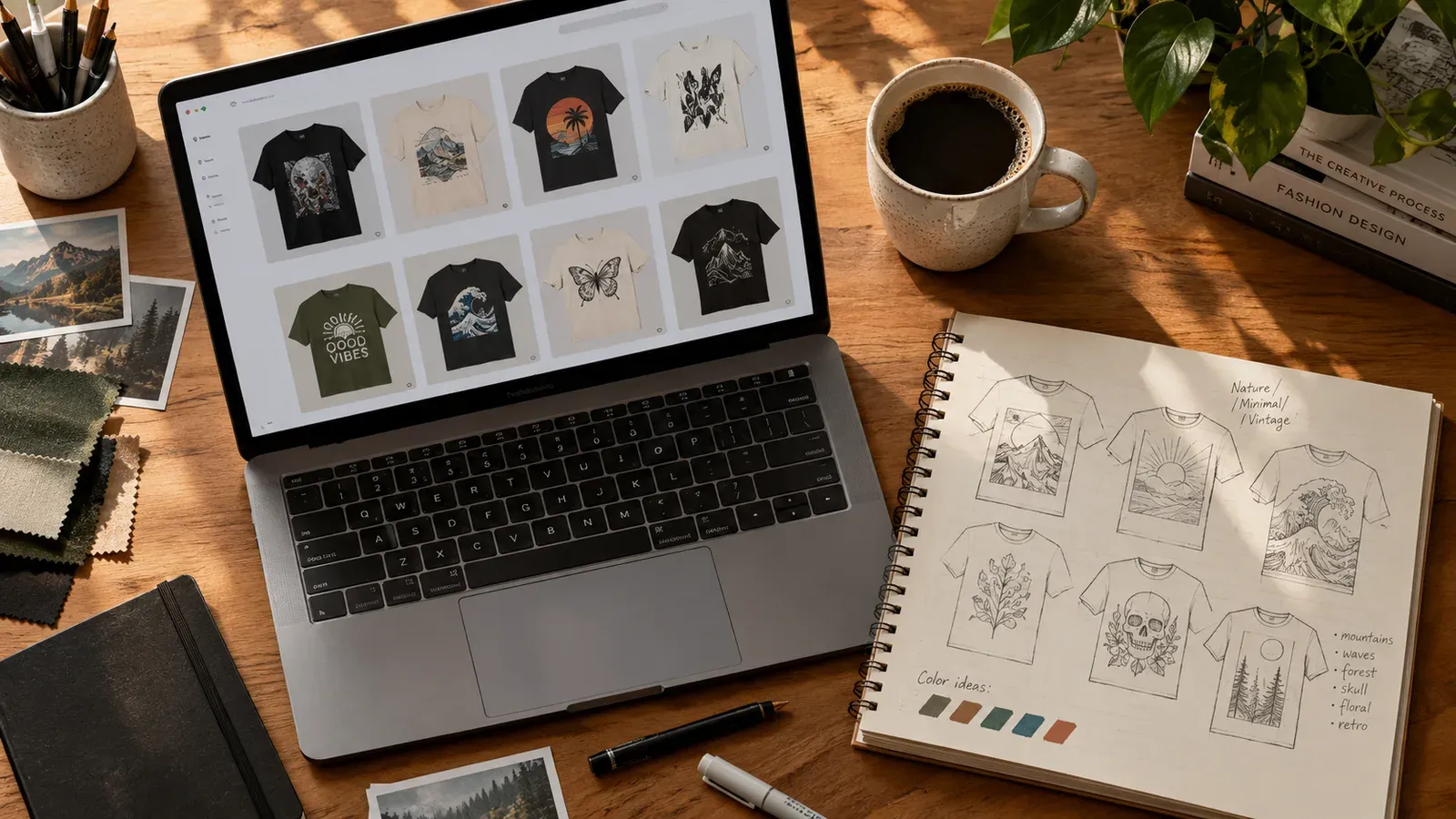 Digital artist organizing t-shirt design files on a laptop