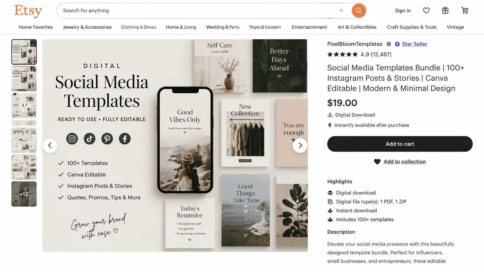 Etsy listing for social media templates