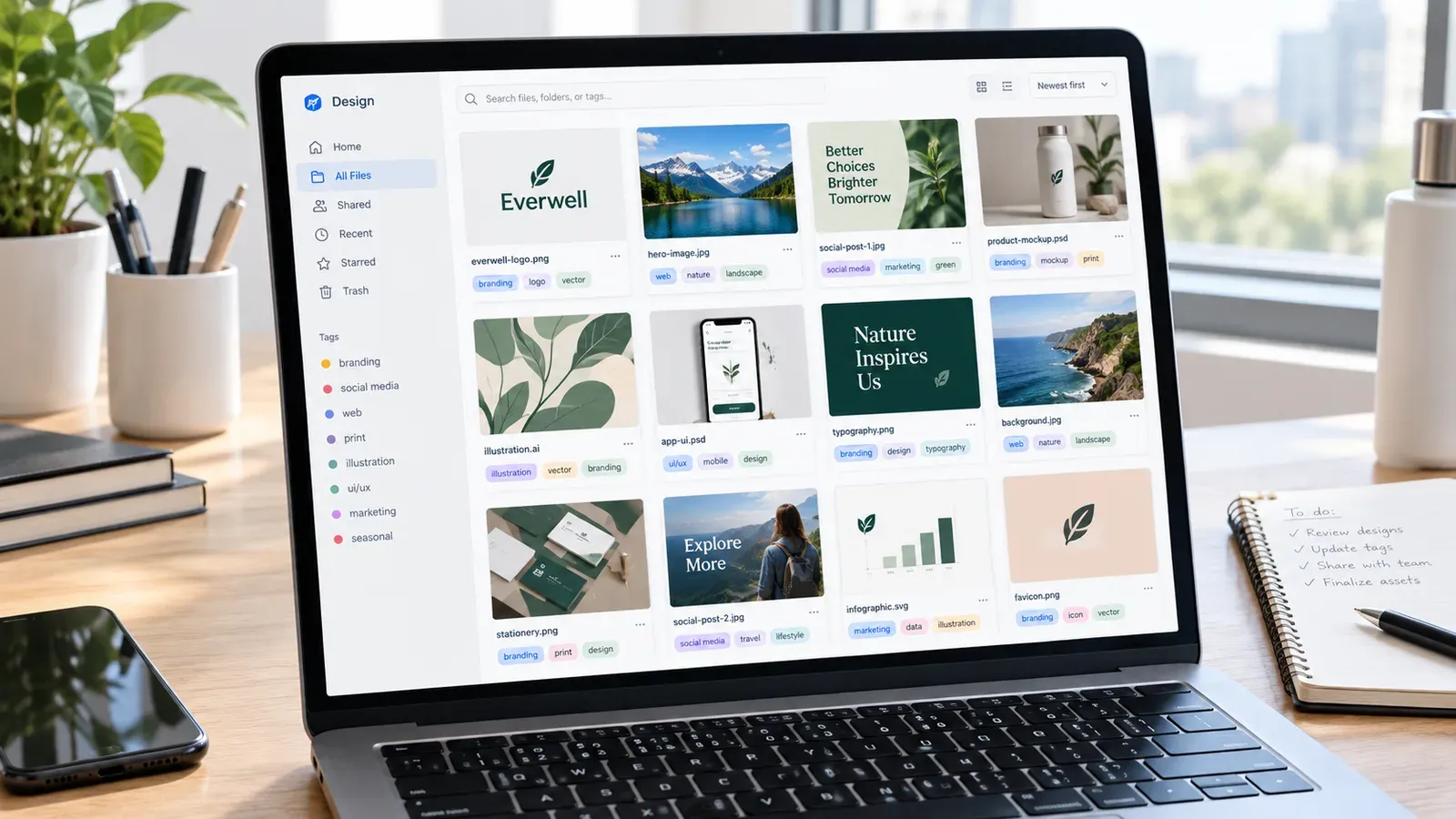 Design files organized in a digital library on a laptop screen