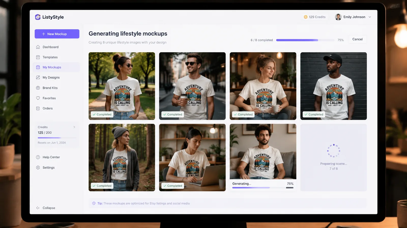 ListyStyle dashboard generating multiple unique lifestyle mockups from a single t-shirt design