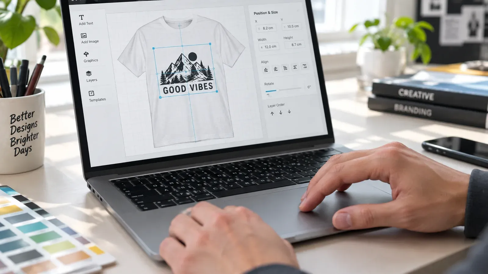 Seller adjusting design placement on a product mockup