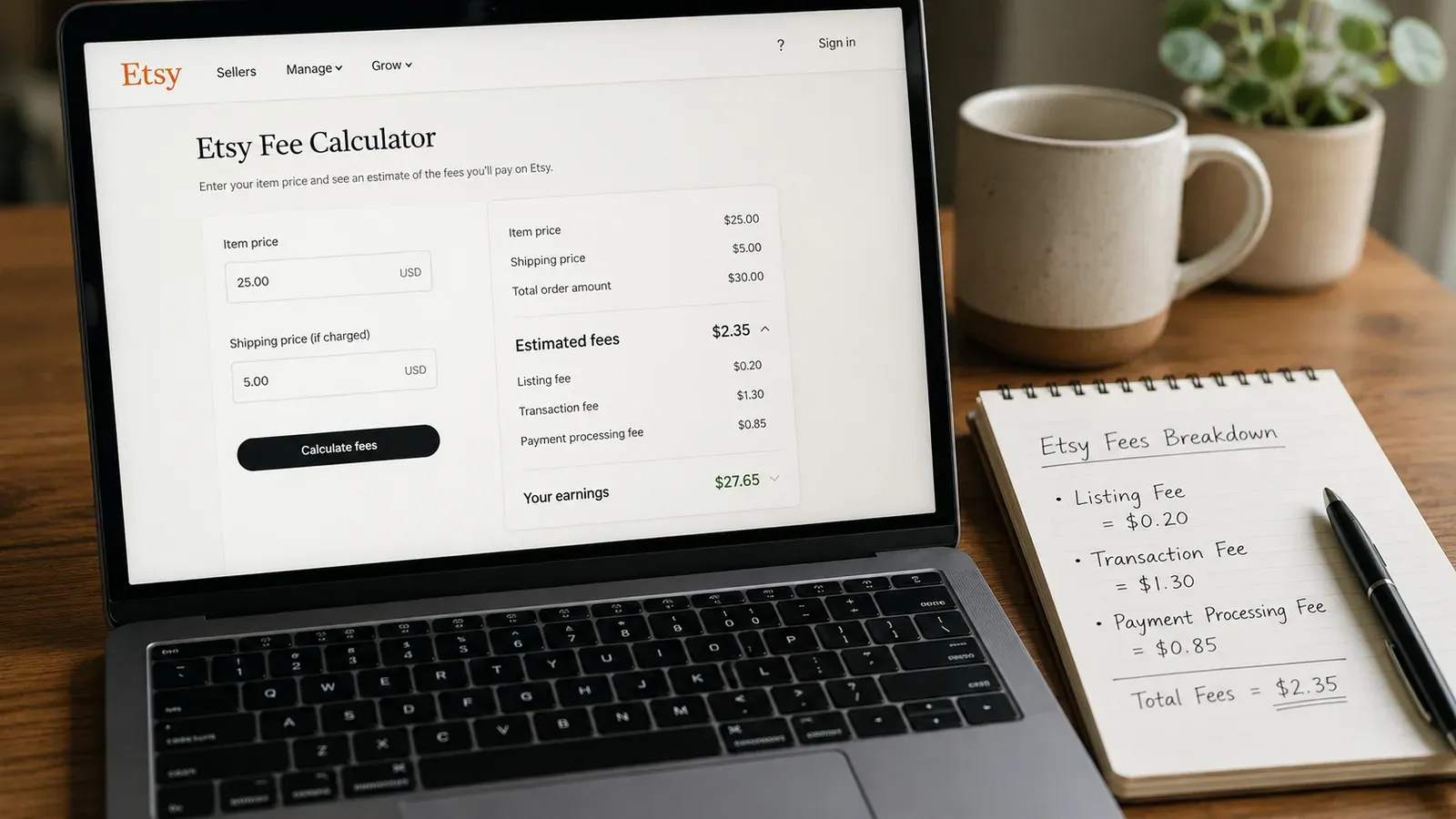 Etsy fee calculation for a $20 item