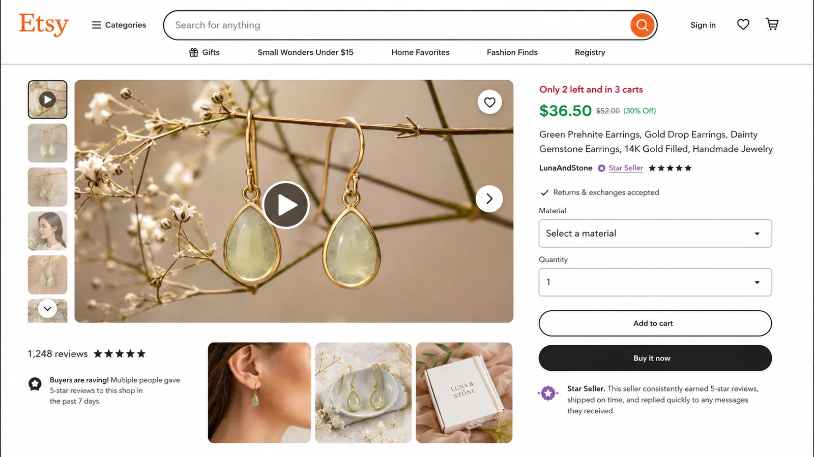 Etsy listing with video thumbnail and multiple product photos