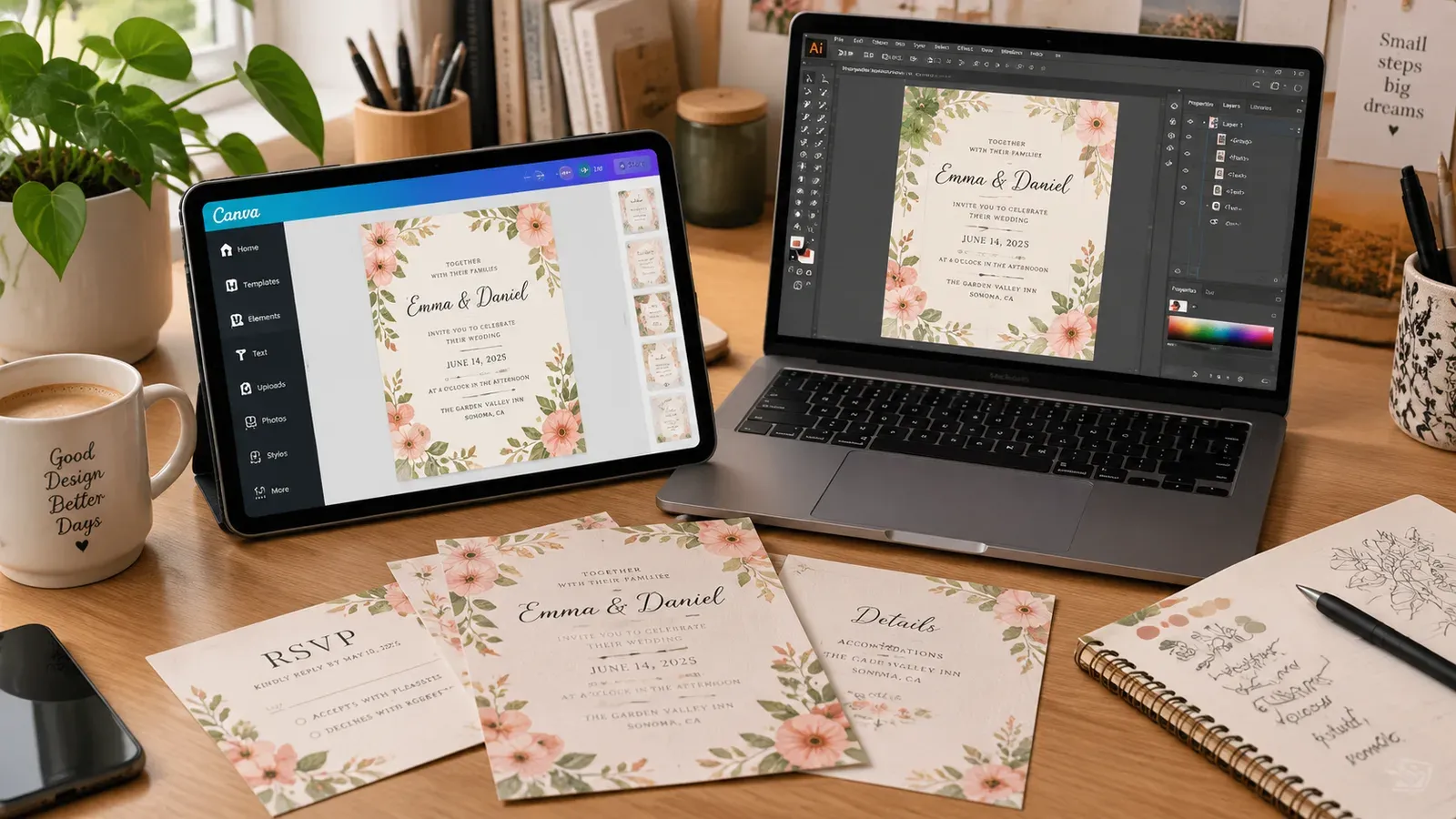 Comparison of Canva, Adobe Illustrator, and tablet mockup showing invitation designs