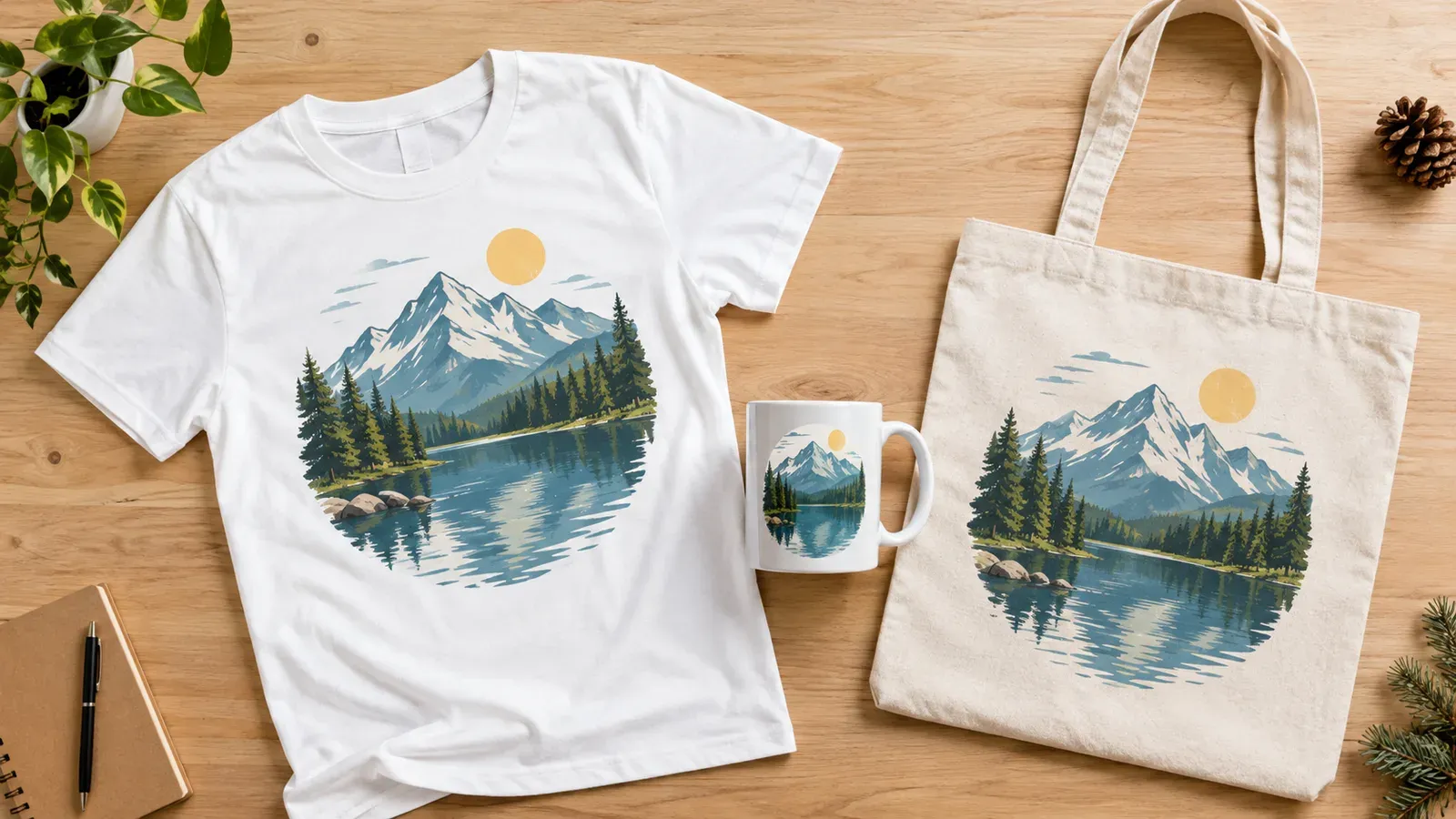 A collection of print-on-demand products including a t-shirt, mug, and tote bag laid out on a table