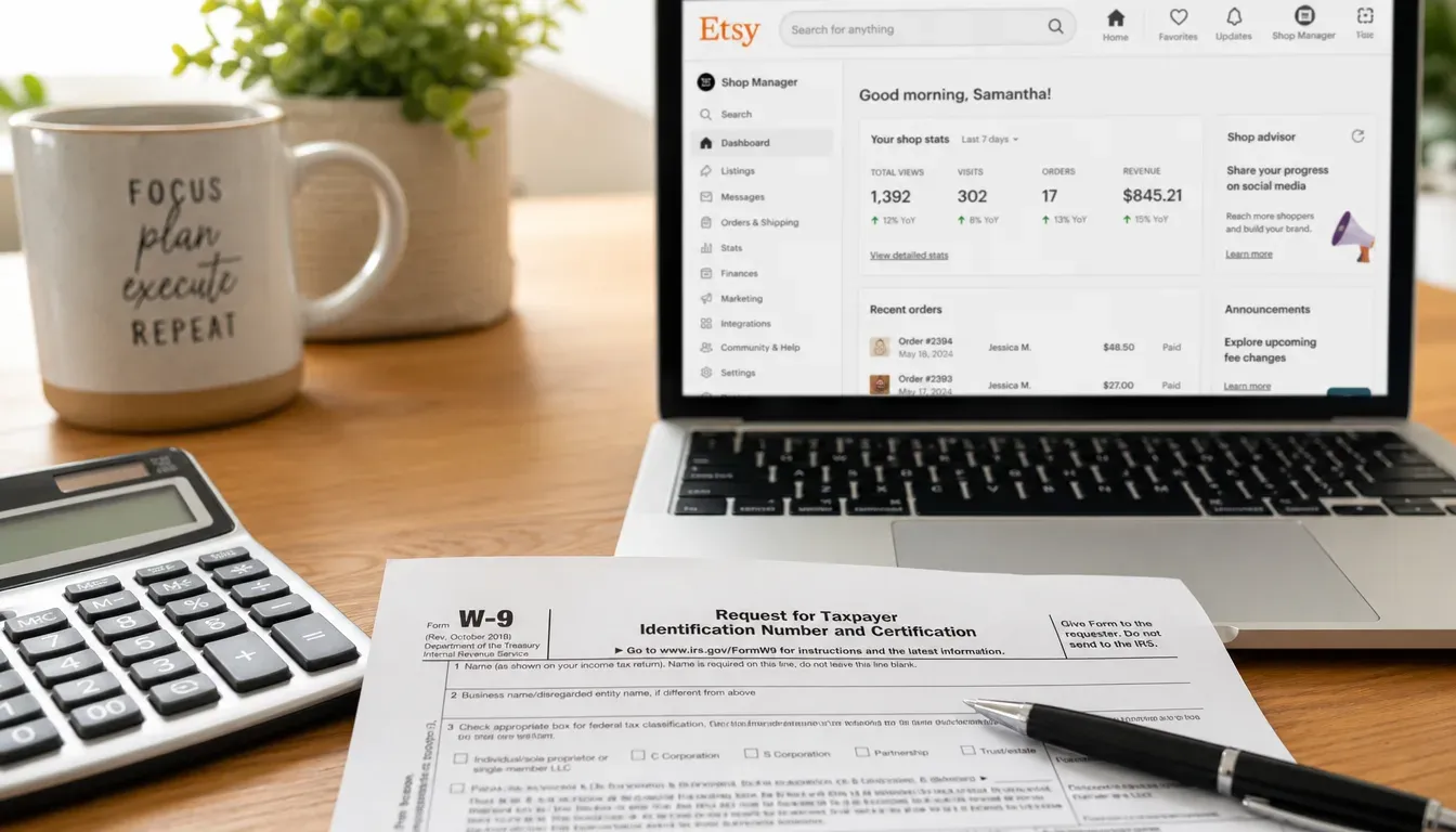 Tax form and calculator on desk beside Etsy laptop screen