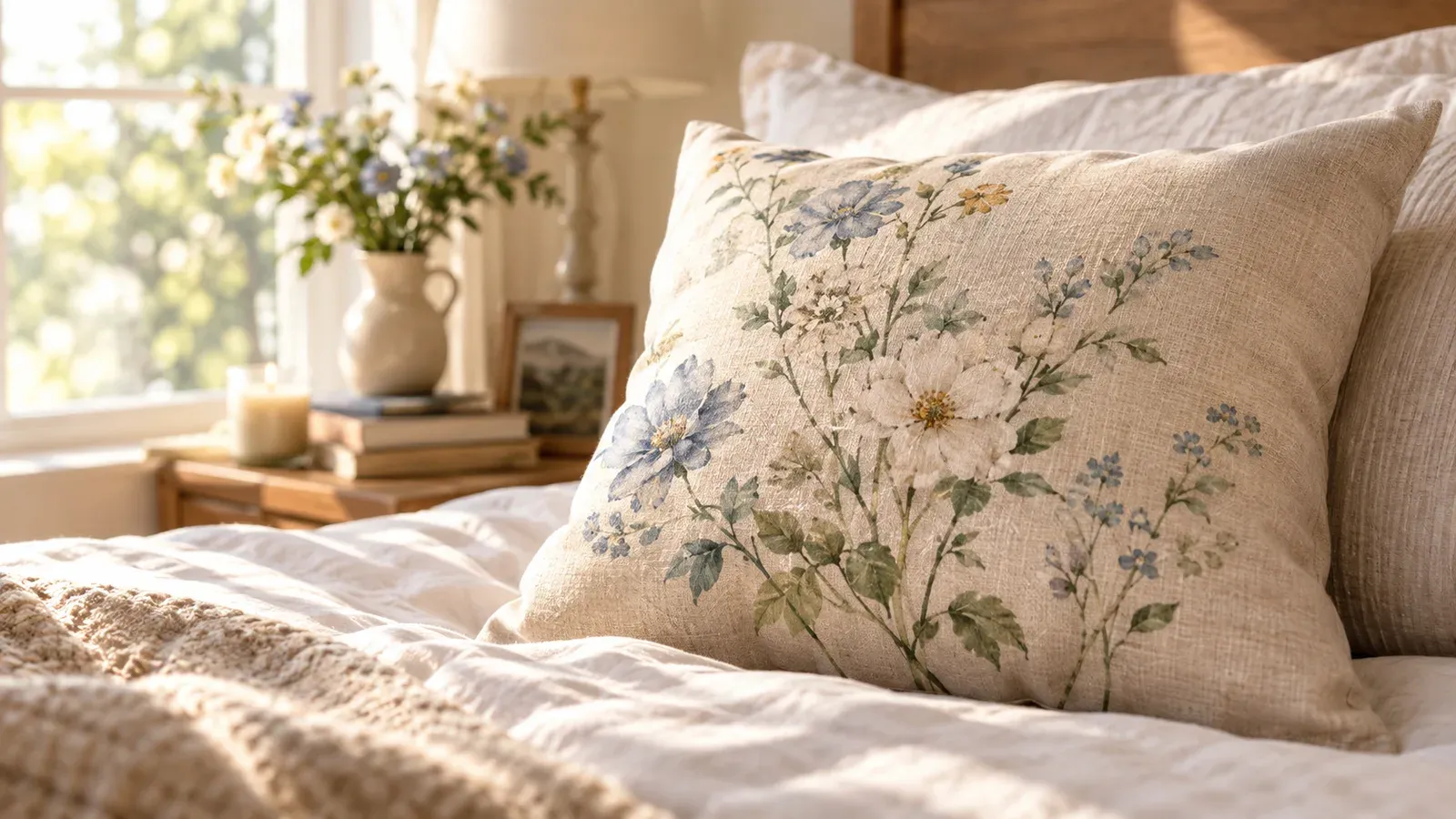 Lifestyle mockup of delicate floral pillow in a cozy bedroom setting