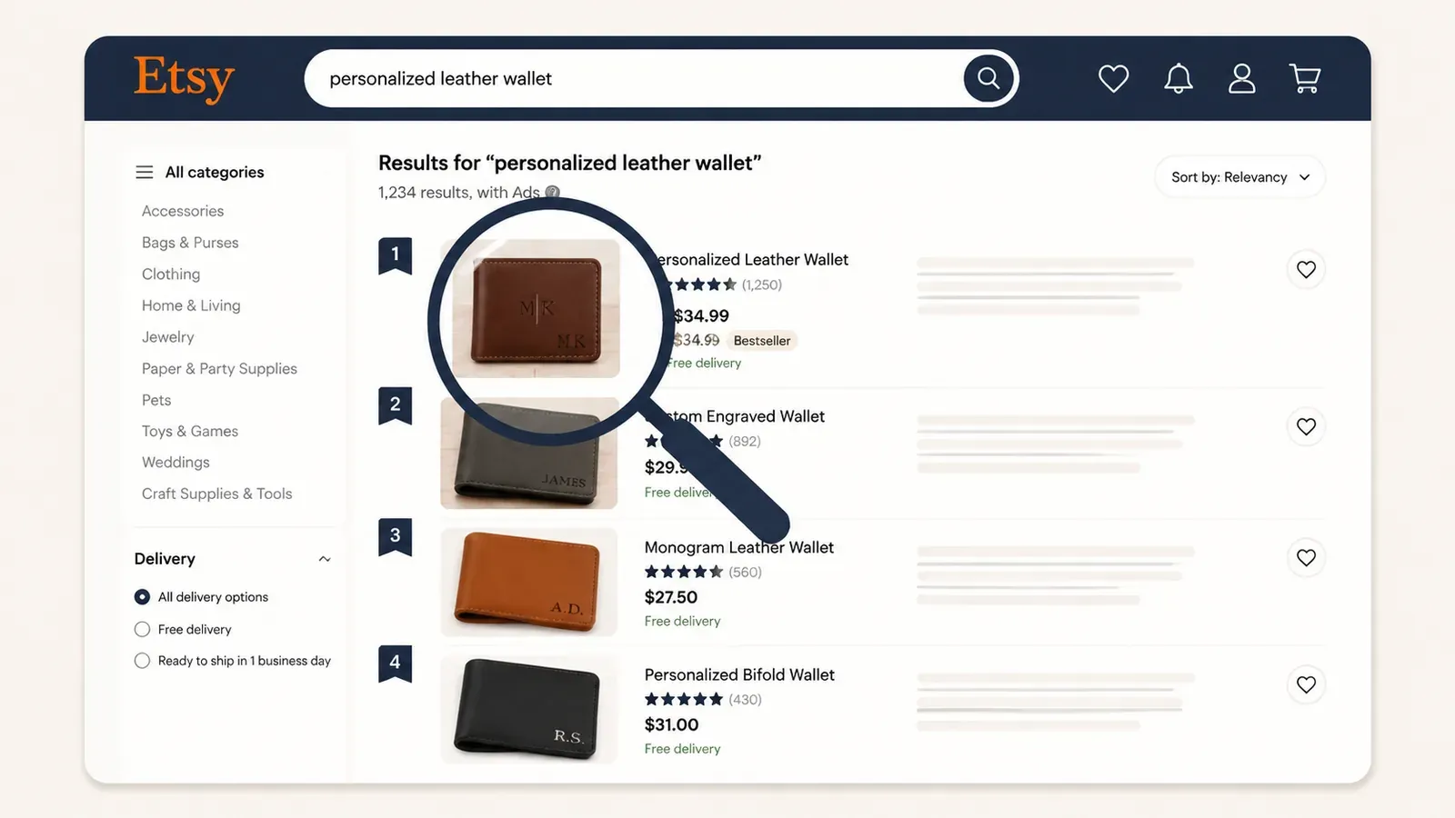 Etsy search results page ranking concept with magnifying glass