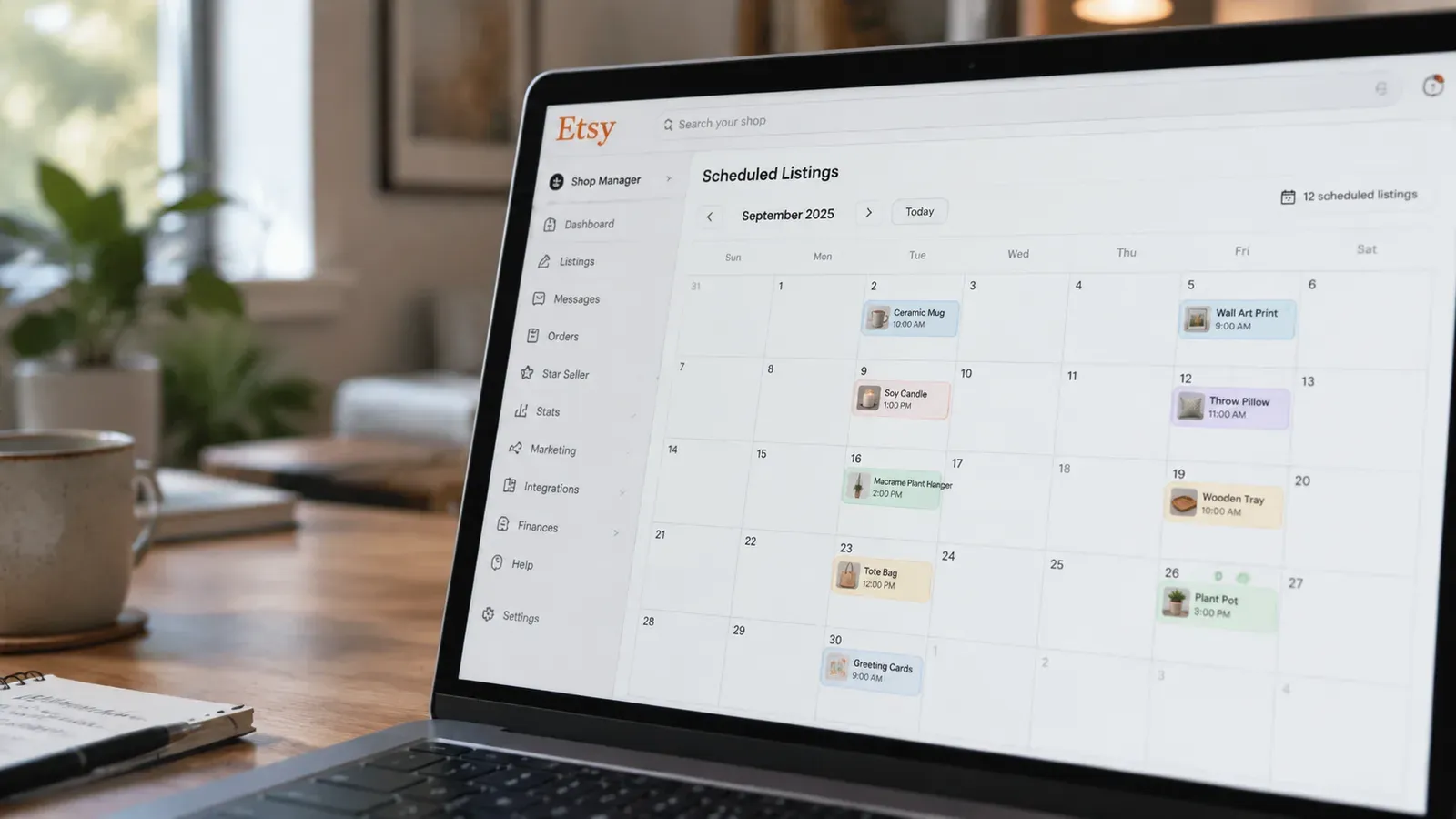 Laptop showing Etsy shop dashboard with scheduled listings