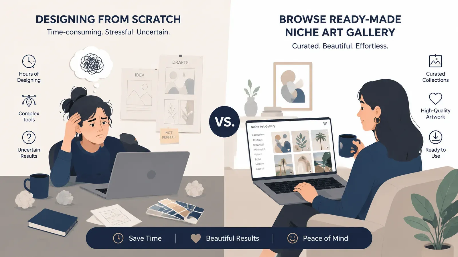 Comparison of manual design struggle vs browsing ready-made niche art gallery