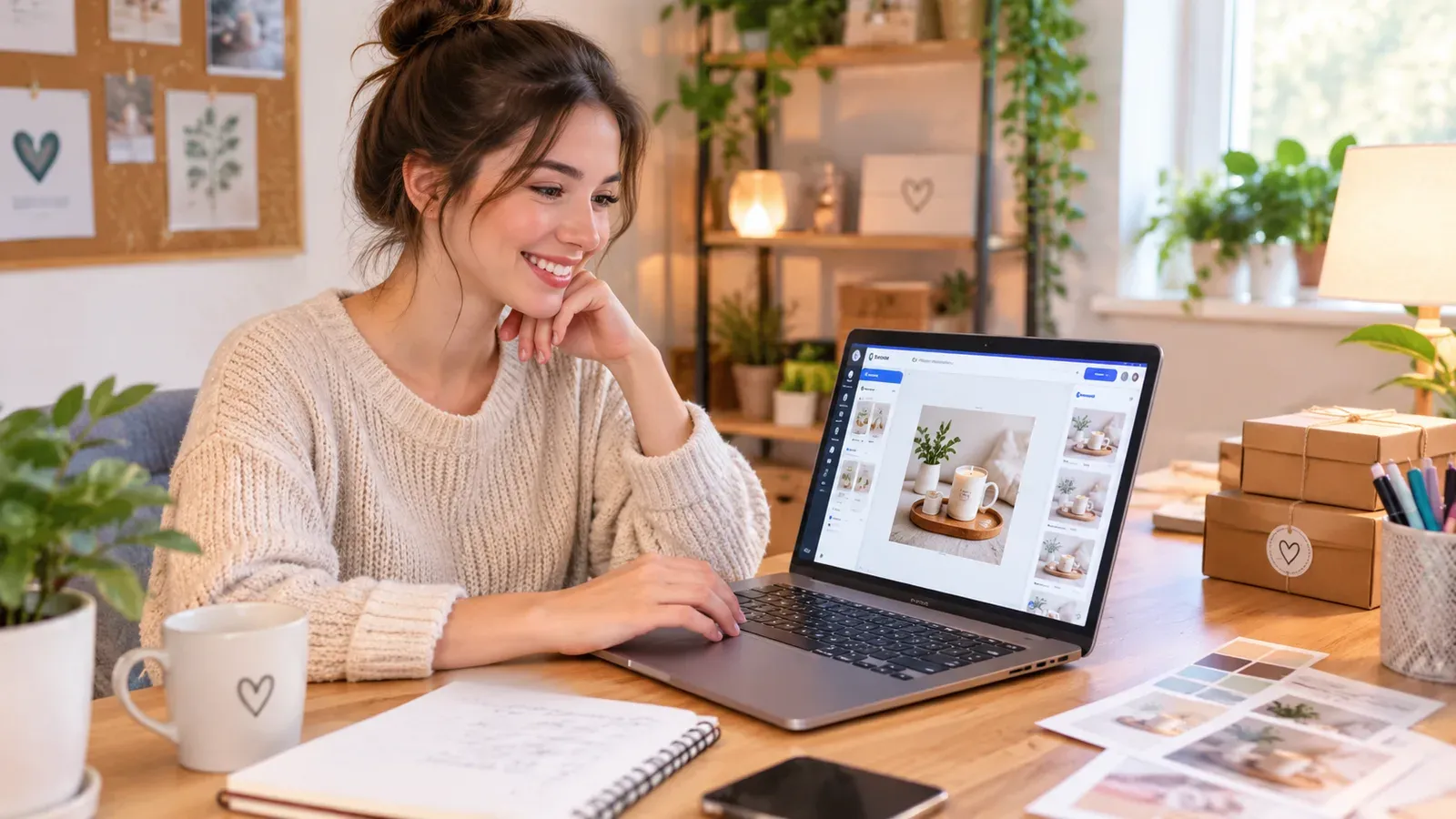 a beginner Etsy seller sitting at a desk with a laptop, smiling, creating lifestyle product images with an online tool, bright and friendly home office, warm lighting