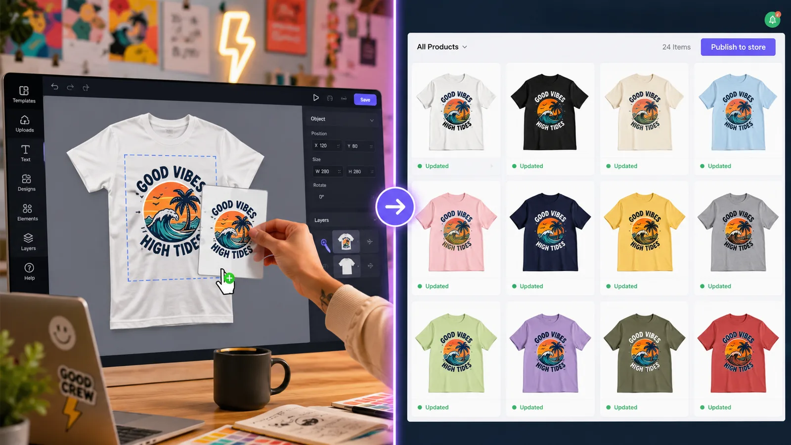 Creation Wizard interface applying one design to multiple products simultaneously