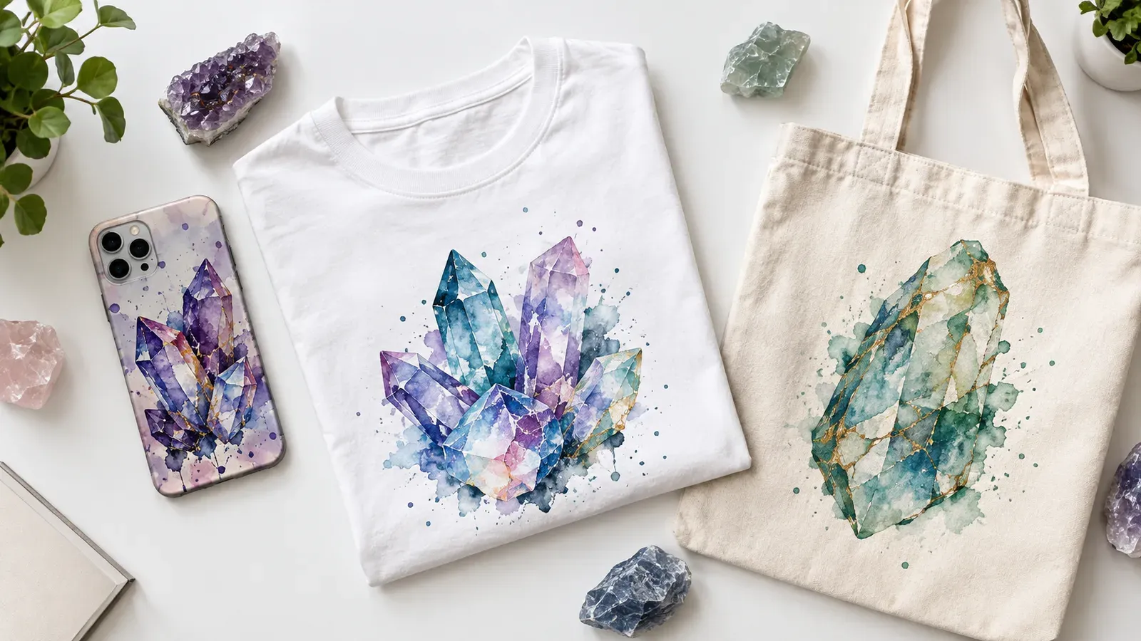 Colorful array of gemstone print on demand products
