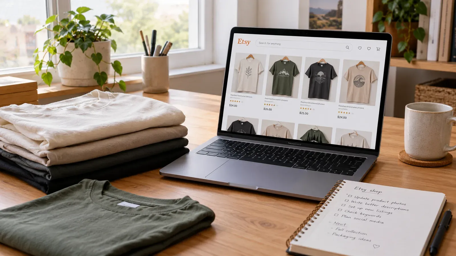 Etsy seller reviewing t-shirt listings on laptop with product samples nearby