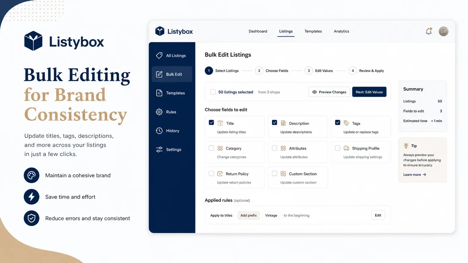 Listybox Bulk Editing interface for brand consistency