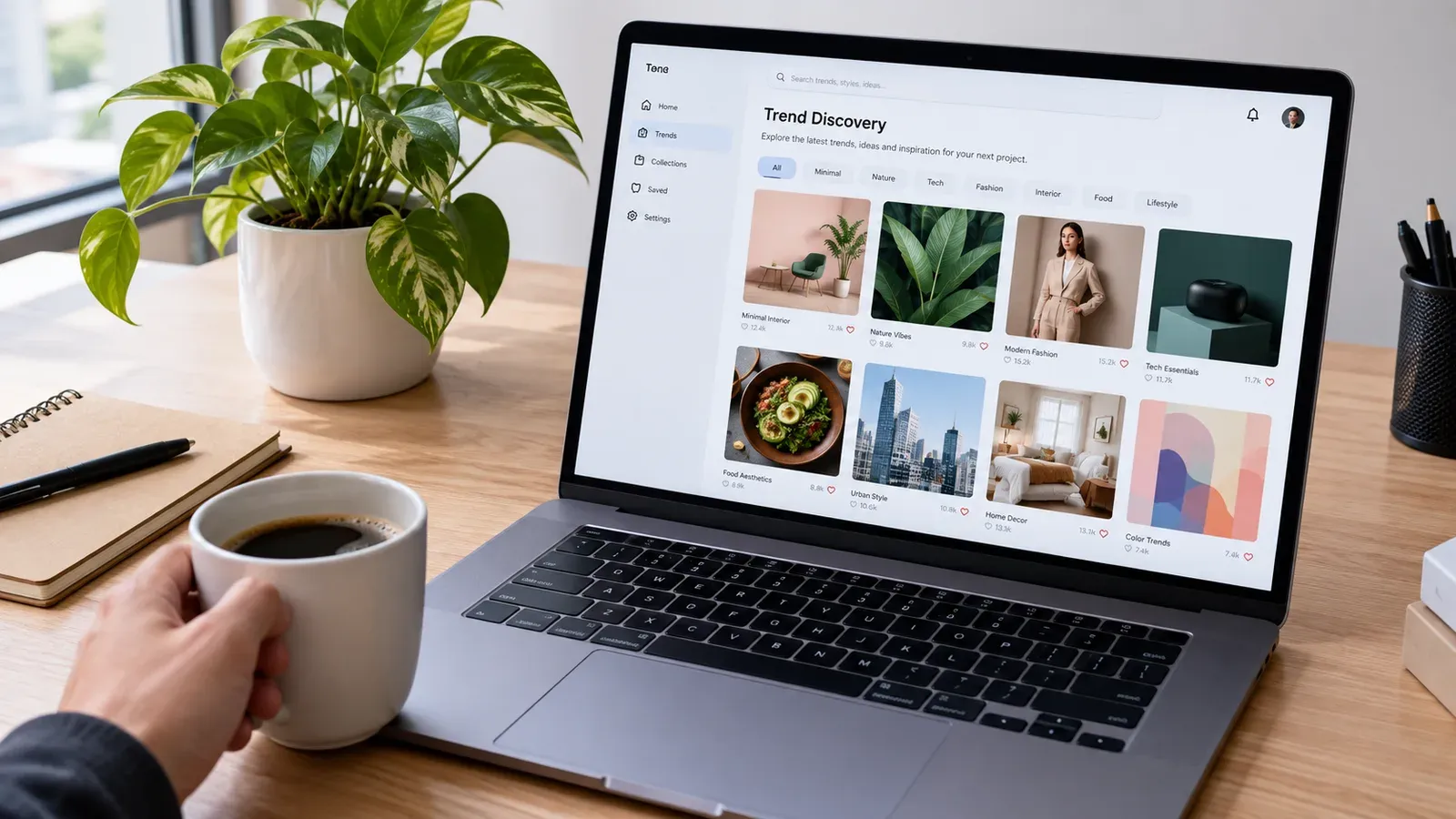 Dashboard showing trend designs and a seller selecting one to apply to products