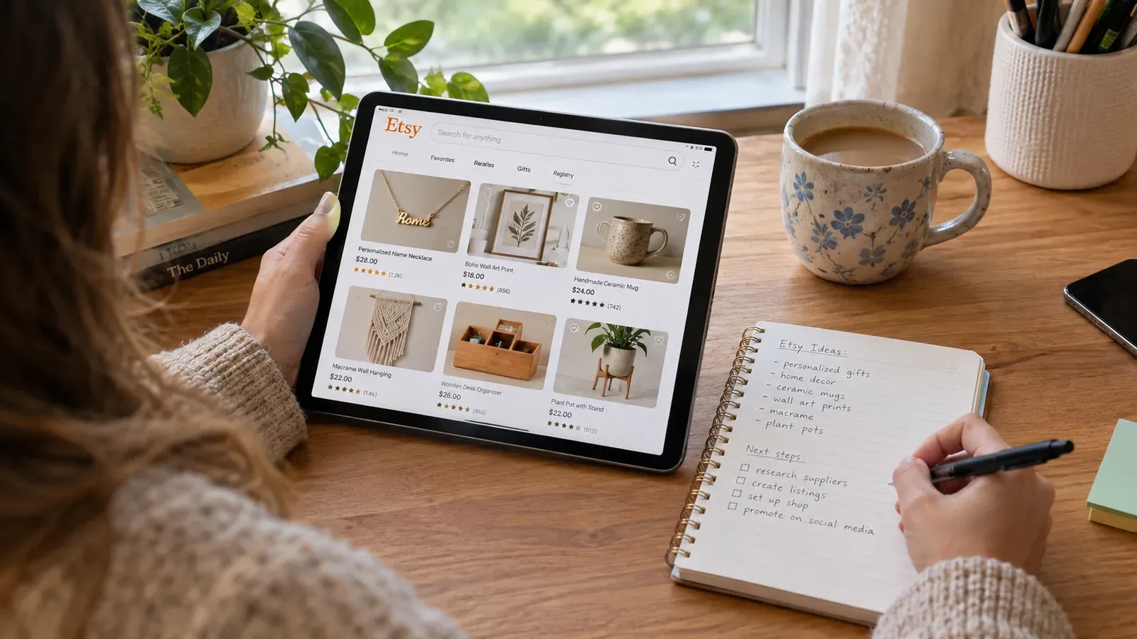Etsy seller reviewing listings on tablet with coffee