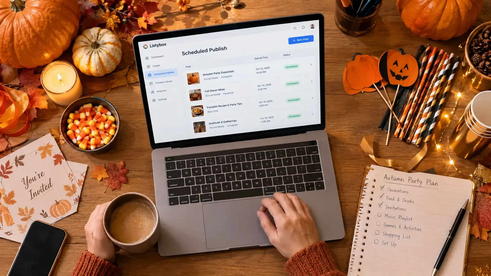 Etsy seller managing party supply listings on laptop with seasonal decorations