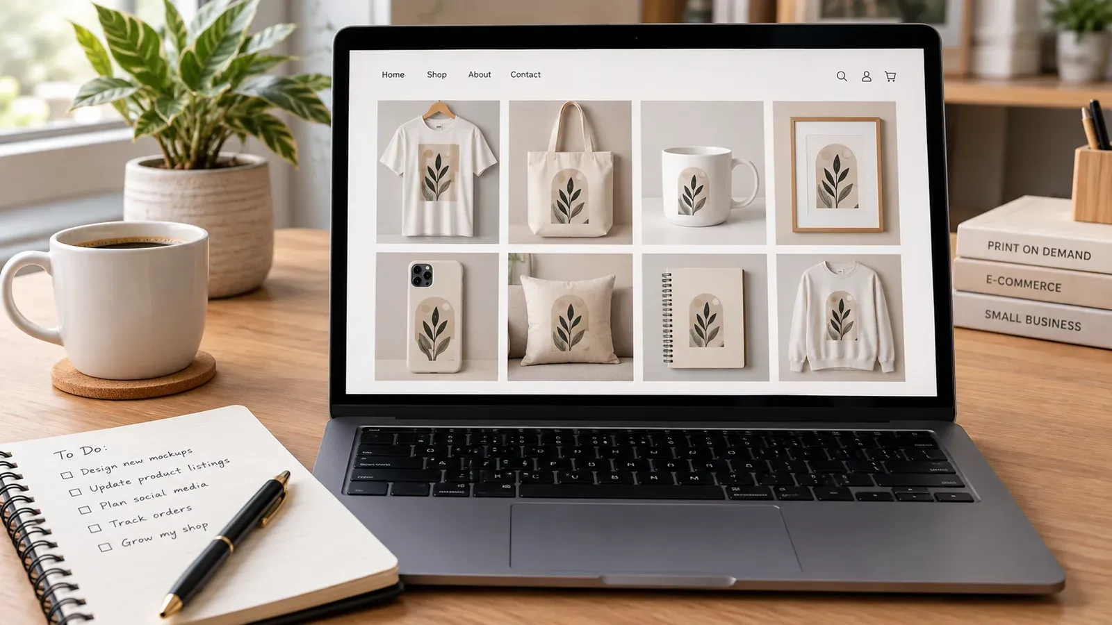 Seller reviewing a grid of consistent product mockups