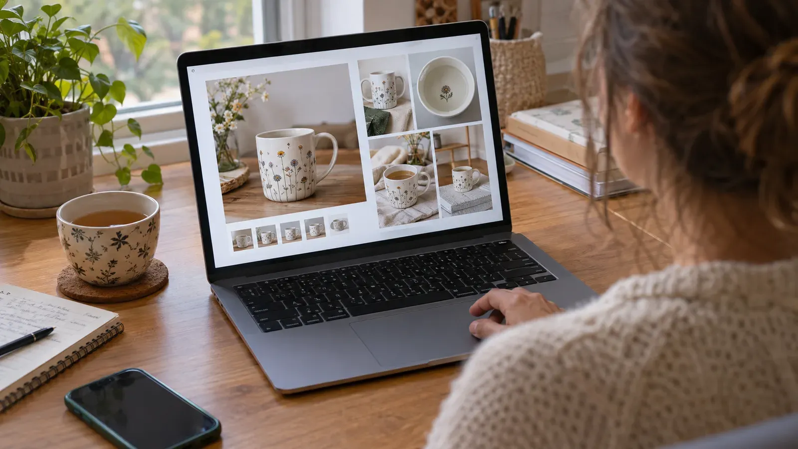 Etsy seller reviewing generated lifestyle photos before publishing a listing