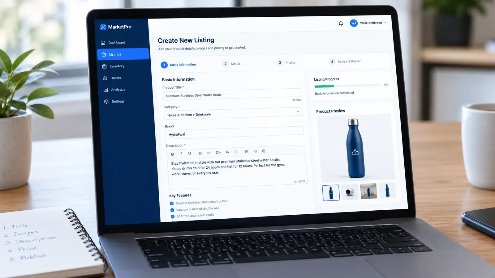 Listybox dashboard showing Magic Wand feature generating listing titles and tags